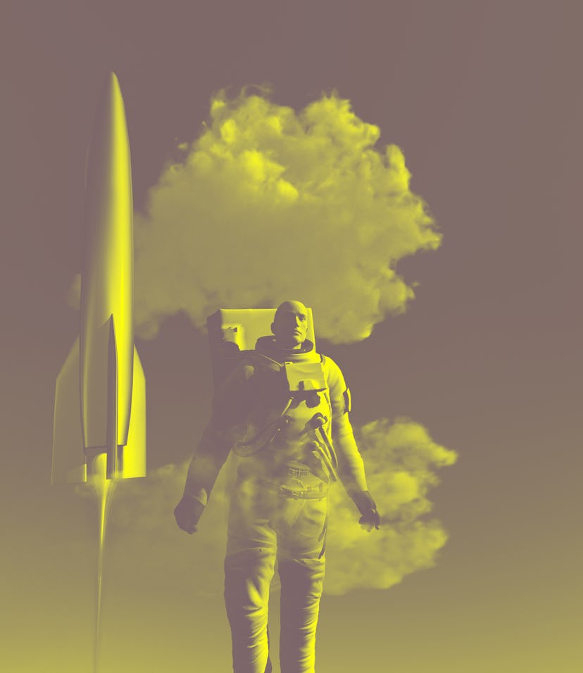 A human astronaut in front of rocket spaceships taking off.