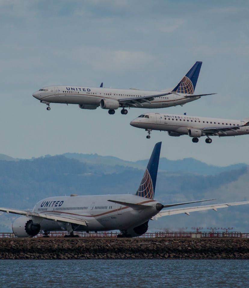 San Francisco, CA, USA - February 11, 2019: At San Francisco International Airport (SFO), two United...