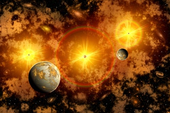 Alien exoplanets orbiting a distant star cluster.