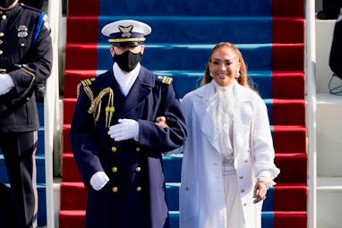 Jennifer Lopez (R) arrives to sing during the inauguration of Joe Biden as the 46th US President on ...