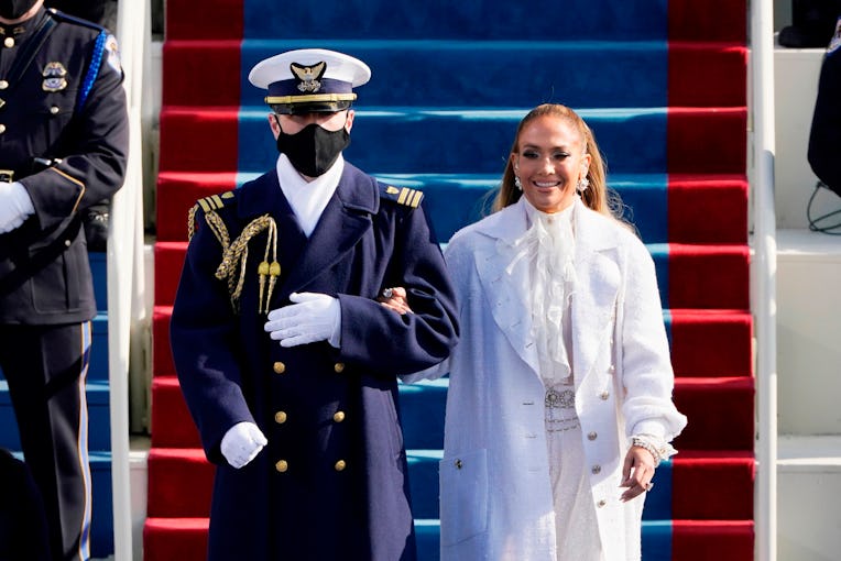 Jennifer Lopez (R) arrives to sing during the inauguration of Joe Biden as the 46th US President on ...