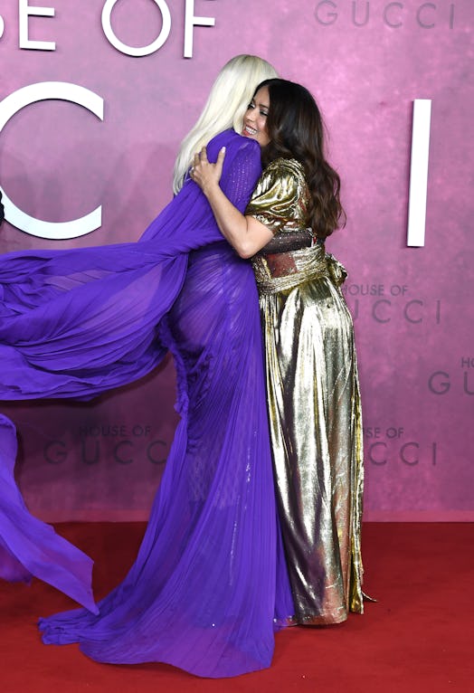 LONDON, ENGLAND - NOVEMBER 09:  Lady Gaga and Salma Hayek attend the UK Premiere Of "House of Gucci"...