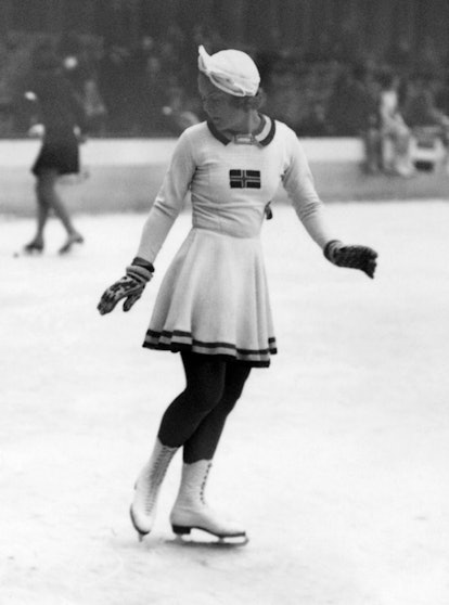 Norwegian figure skater Sonja Henie warms up during the Winter Olympic Games in Garmisch-Partenkirch...