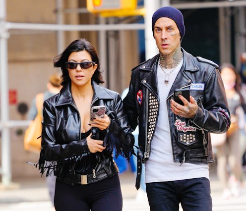 NEW YORK, NEW YORK - OCTOBER 16: Kourtney Kardashian and Travis Barker are seen on October 16, 2021 ...
