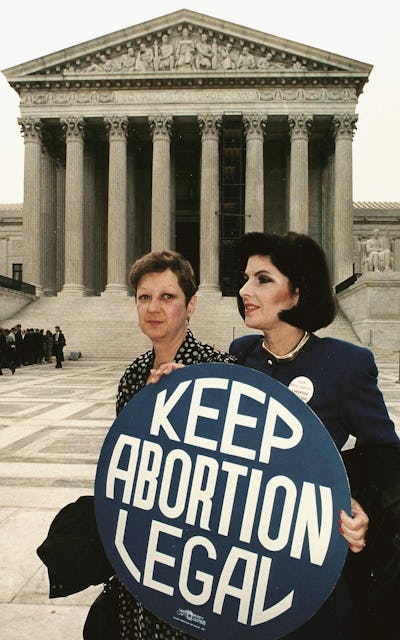 This April 26, 1989 file photo shows Norma McCorvey (L), known as "Jane Roe" in the 1973 landmark Ro...