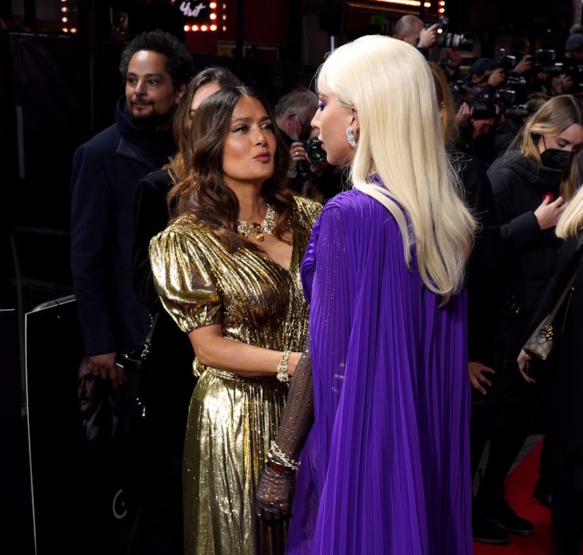 Salma Hayek and Lady Gaga (right) attending the House of Gucci UK Premiere, held at the Odeon Leices...