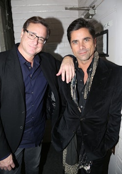NEW YORK, NY - DECEMBER 06:  Bob Saget and John Stamos (co-stars on the TV Show "Full House" ) pose ...