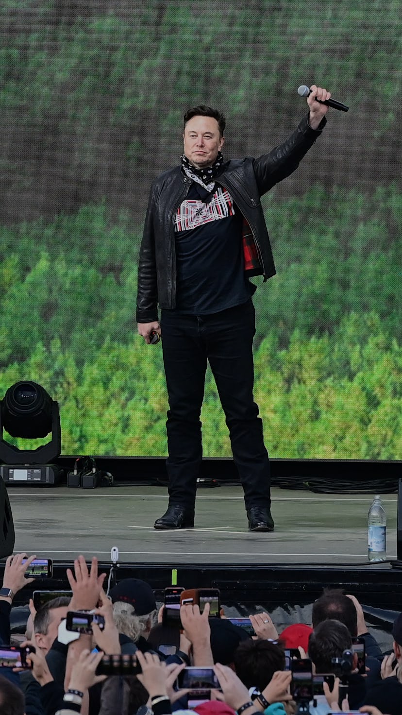 09 October 2021, Brandenburg, Grünheide: Elon Musk, Tesla CEO, stands on a stage at the Tesla Gigafa...