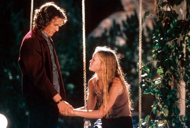 Heath Ledger and Julia Stiles at swing in a scene from the film '10 Things I Hate About You', 1999. ...