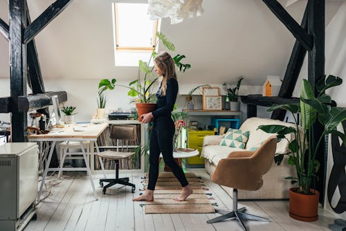 A woman moves a plant around in her home. Here's your daily horoscope for Jan. 25, 2022.