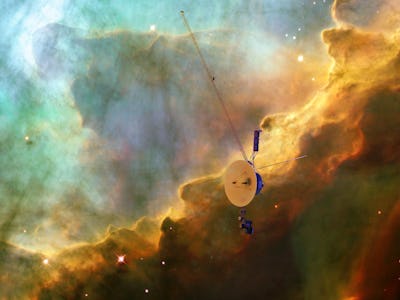 Voyager probe travels through space, flies over the Eagle Nebula. Elements of this photo furnished b...