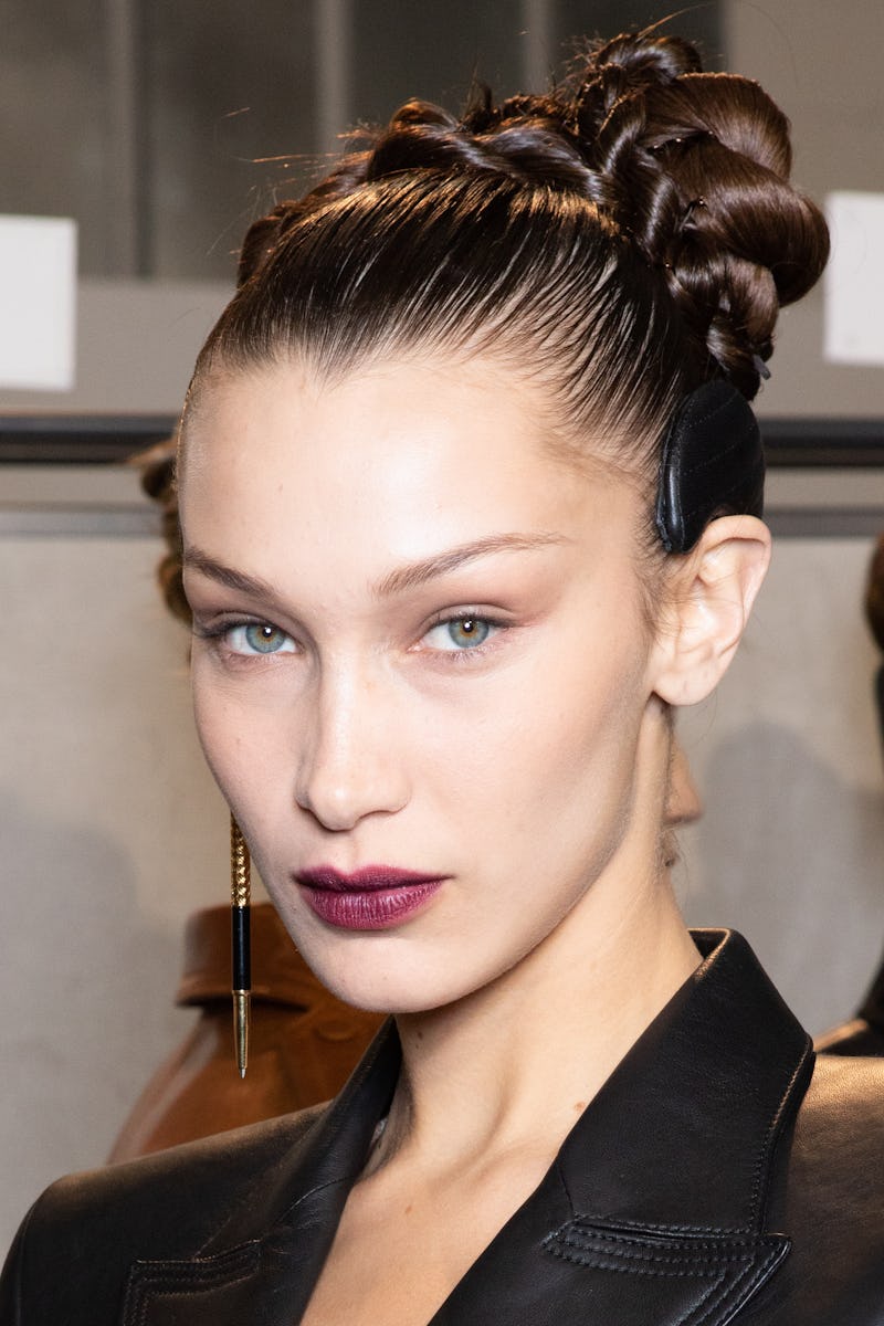 Bella Hadid with goth-chic plum lipstick on