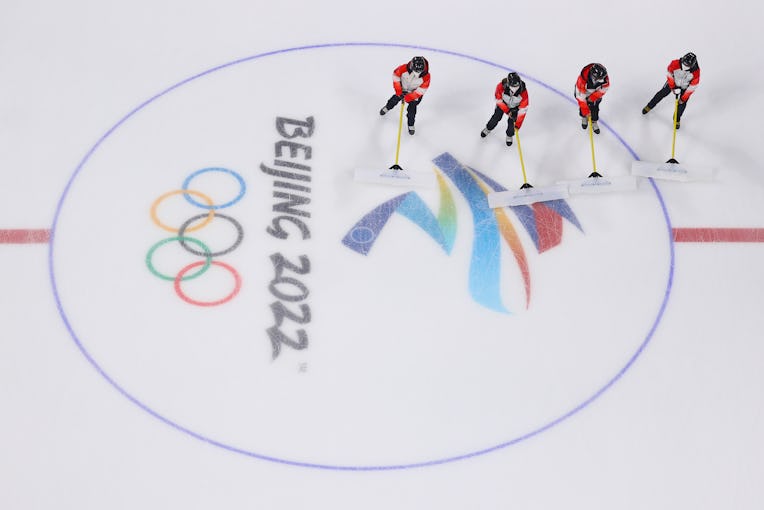 BEIJING, CHINA - JANUARY 24: Beijing 2022 Winter Olympic workers prepare the ice surface in the Wuke...