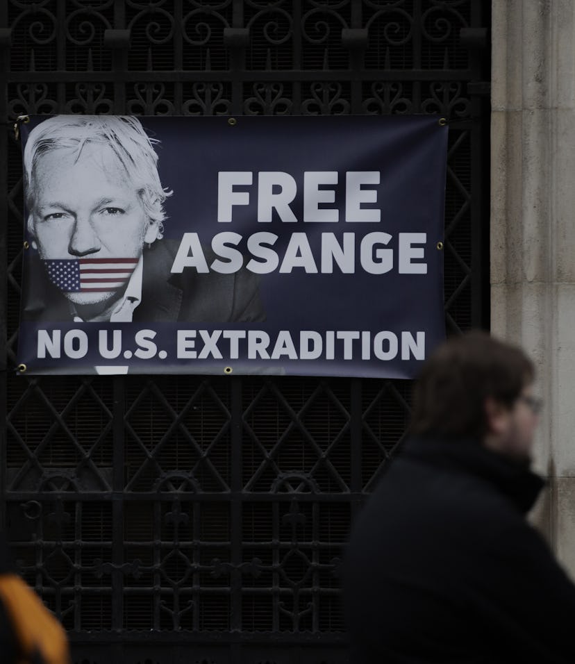 LONDON, UNITED KINGDOM - JANUARY 24: Supporters of Julian Assange stage a demonstration in front of ...