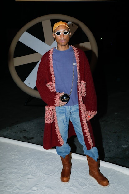 Pharrell Gets Funky in Knit Cardigan and Brown Boots for Chanel