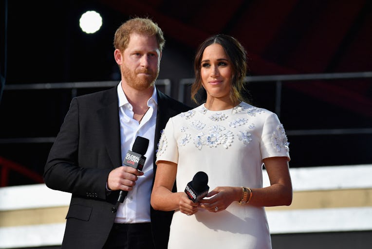 Britain's Prince Harry and Meghan Markle speak during the 2021 Global Citizen Live festival at the G...