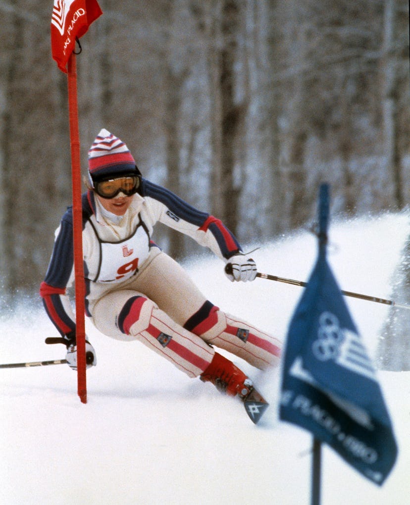 Hanni Wenzel from Liechtenstein clears a gate during the women's slalom at the Lake Placid Olympics.