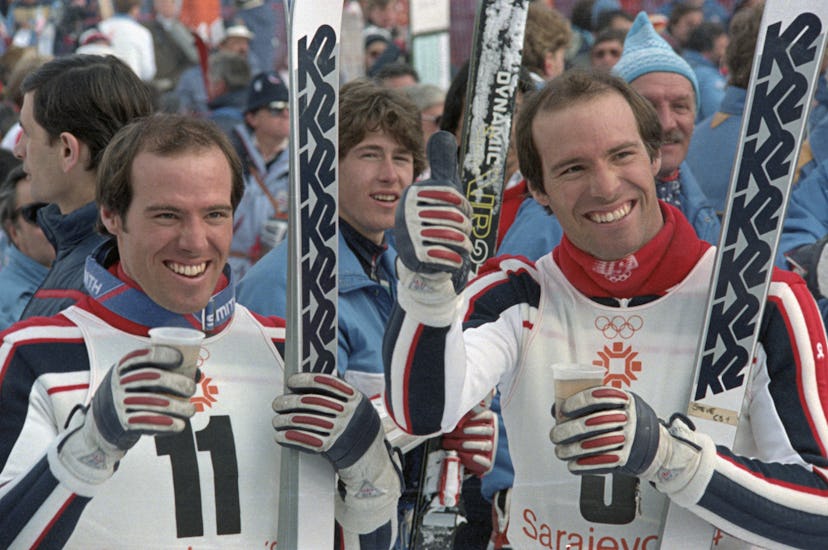 Twins Phil and Steve Mahre (right) after winning the Olympic slalom gold and silver medals, respecti...