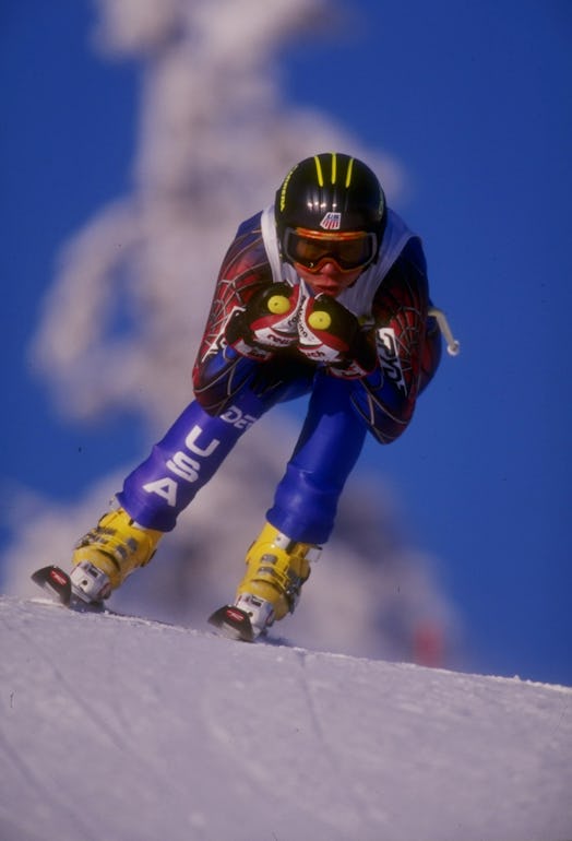 Diann Roffe of the USA in action during a women''s downhill competition.