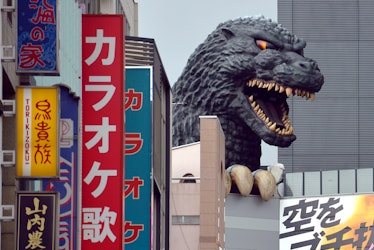 The head of Godzilla on top of a large hotel in Shinjuku, Tokyo - Japan