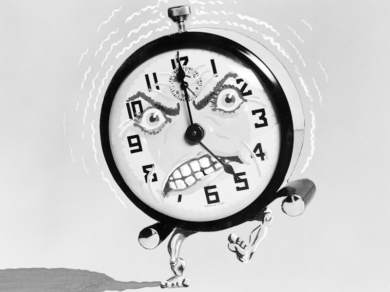 1930s 1940s ILLUSTRATION OF ALARM CLOCK WITH ANGRY FACE KICKING AND RINGING AT 5 AM IN THE MORNING ...