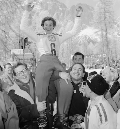 Madeleine Berthod of Switzerland is carried on the shoulders of fans after she was declared the unof...