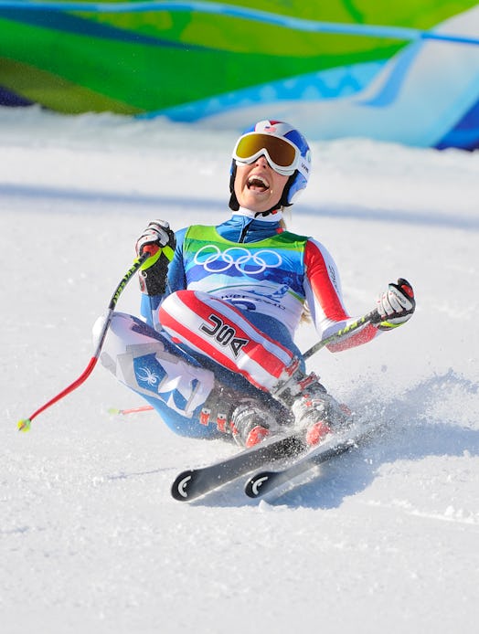 The USA's Lindsey Vonn reacts after finishing her gold medal run at the ladies downhill at Whistler ...