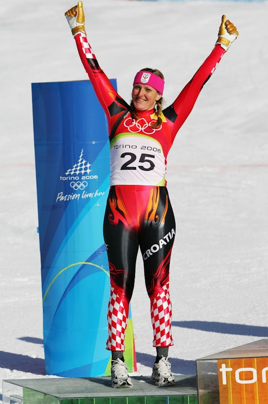  Silver medallist Janica Kostelic of Croatia celebrates on the podium after the Womens Super-G Alpin...