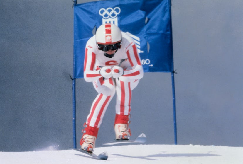 Annemarie Moser-Proell drives to her first gold medal in Olympic competition in the women's downhill...