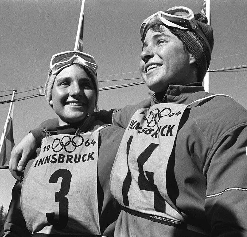 French skiers Marielle Goitschel (R) and her older sister Christine smile 03 February 1964 in Innsbr...