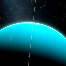 An impression of the green ice giant planet, Uranus, with one of its moons, Miranda.  What planet ru...