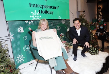 NEW YORK, NEW YORK - DECEMBER 09: Martha Stewart and President of Shopify, Harley Finkelstein pose o...