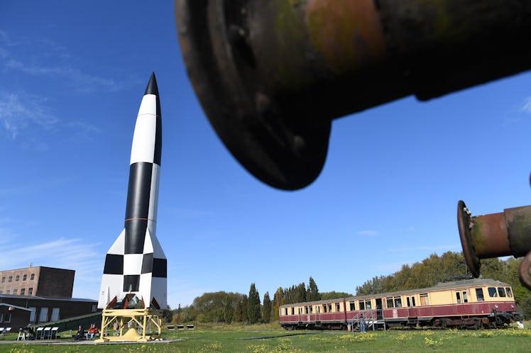 04 October 2019, Mecklenburg-Western Pomerania, Peenemünde: The replica of a V2 rocket stands on the...