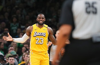 BOSTON, MA - JANUARY 20: Los Angeles Lakers forward LeBron James (23) complains about an out of boun...