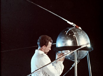 Soviet technician working on sputnik 1, 1957. (Photo by: Sovfoto/Universal Images Group via Getty Im...