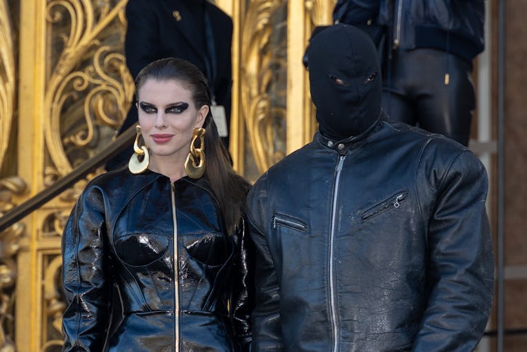 PARIS, FRANCE - JANUARY 24: Julia Fox and Ye are seen arriving at the Schiaparelli fashion show as p...