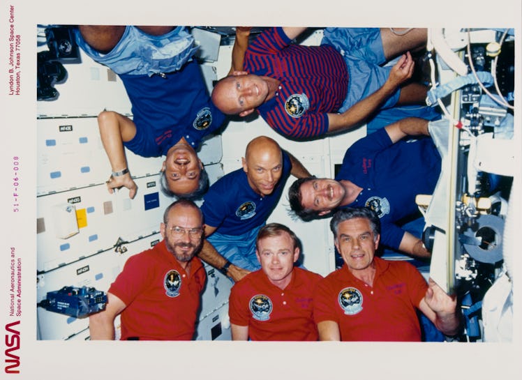 Crew portrait (American NASA astronaut F Story Musgrave (centre), (clockwise from right of Musgrave)...