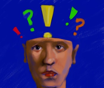 Drawing of a head with question marks.