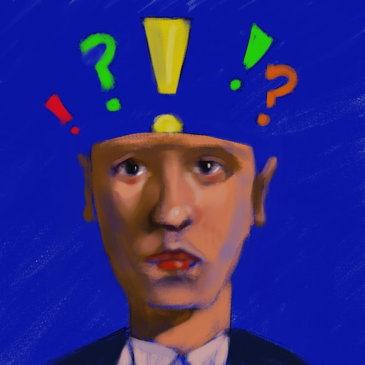 Drawing of a head with question marks.