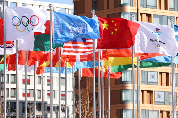 BEIJING, CHINA - JANUARY 27: Flags flutter at Beijing Winter Olympic Village ahead of the Beijing 20...