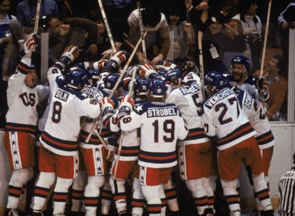LAKE PLACID, NY - FEB 22:  Team USA celebrates their 4-3 victory over the Soviet Union in the semi-f...