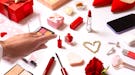 A collection of makeup set up for Valentine's Day gift giving.