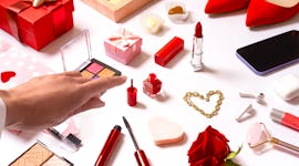 A collection of makeup set up for Valentine's Day gift giving.