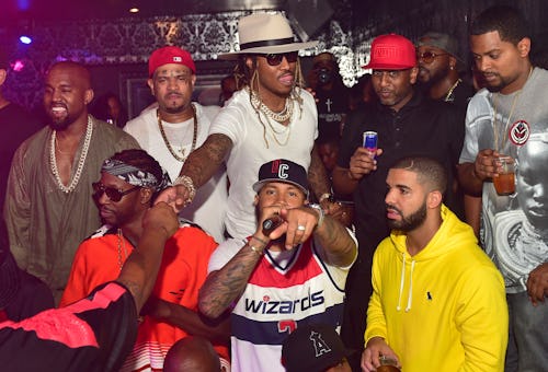 ATLANTA, GA - JUNE 20:  Kanye West, 2 Chainz, Kenny Burns, Future, Alex Gidewon and Drake attend at ...