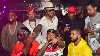 ATLANTA, GA - JUNE 20:  Kanye West, 2 Chainz, Kenny Burns, Future, Alex Gidewon and Drake attend at ...