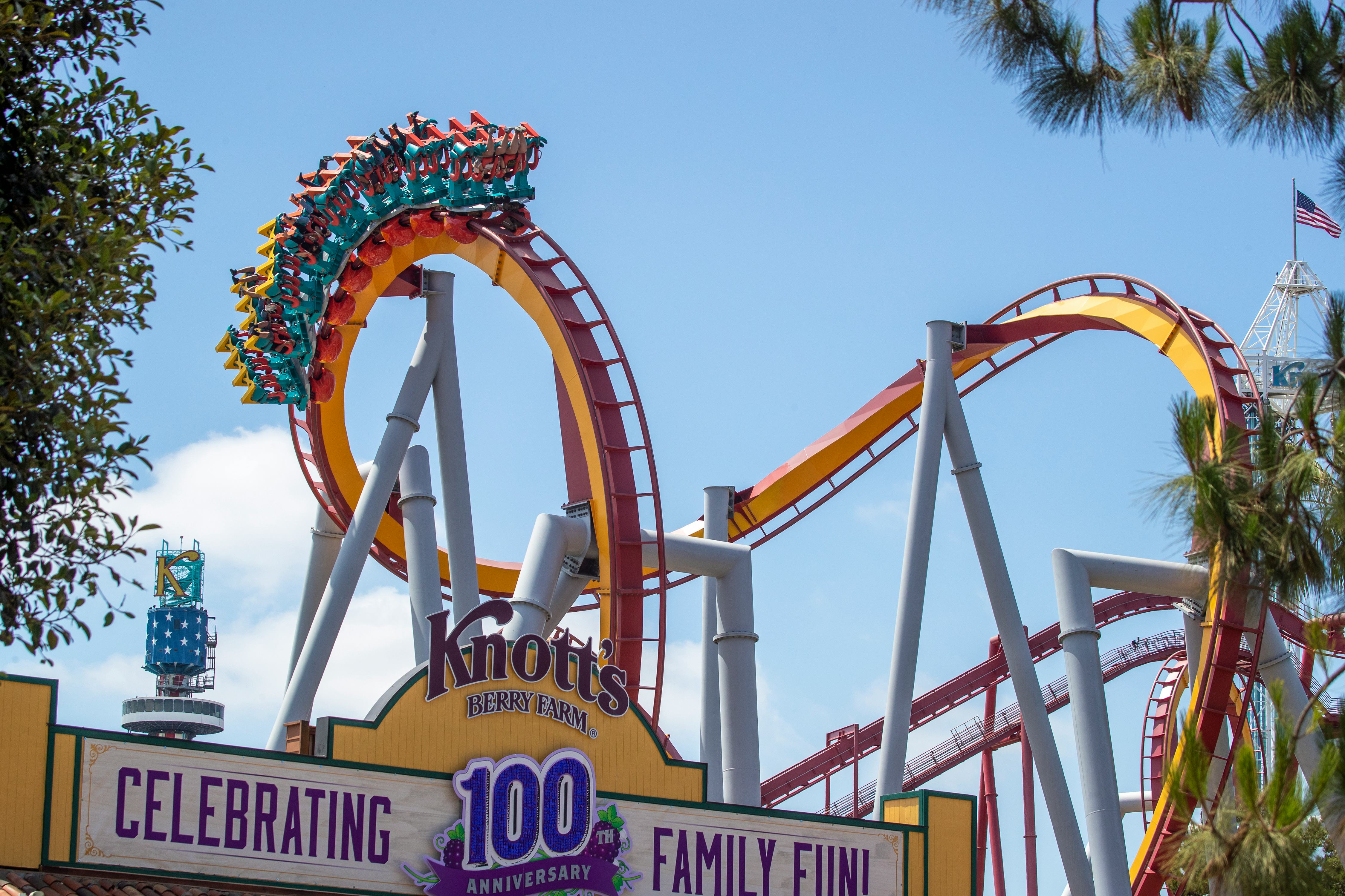 Buena Park, CA - May 29:  A view of the entrance as park-goers ride the Silver Bullet roller coaster&hellip;