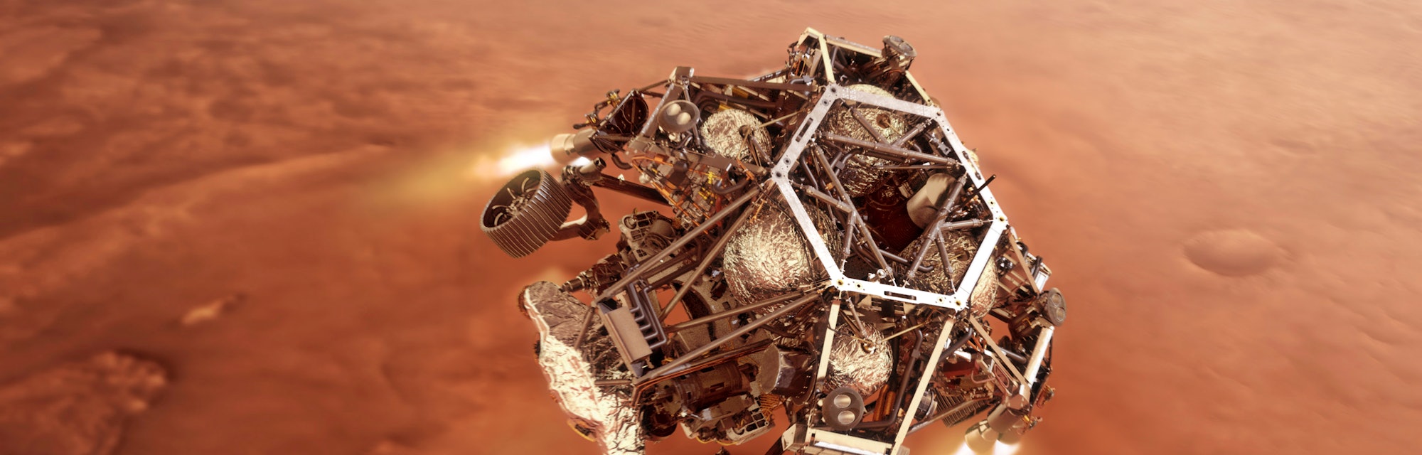 Artist's concept of the Perseverance rover firing up its descent stage engines as it nears the Marti...