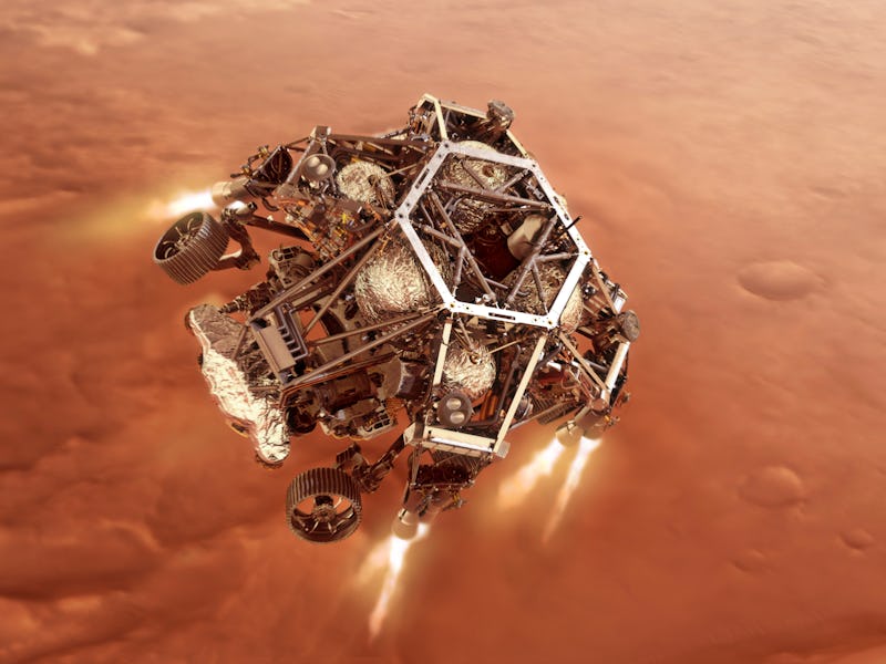 Artist's concept of the Perseverance rover firing up its descent stage engines as it nears the Marti...