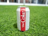 Can of Diet Coke from Coca Cola on artificial grass surface outdoors, San Ramon, California, July 22...