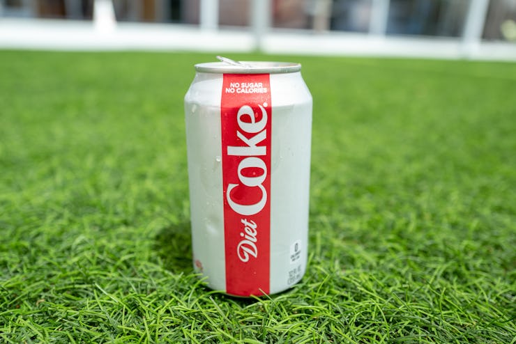 Can of Diet Coke from Coca Cola on artificial grass surface outdoors, San Ramon, California, July 22...